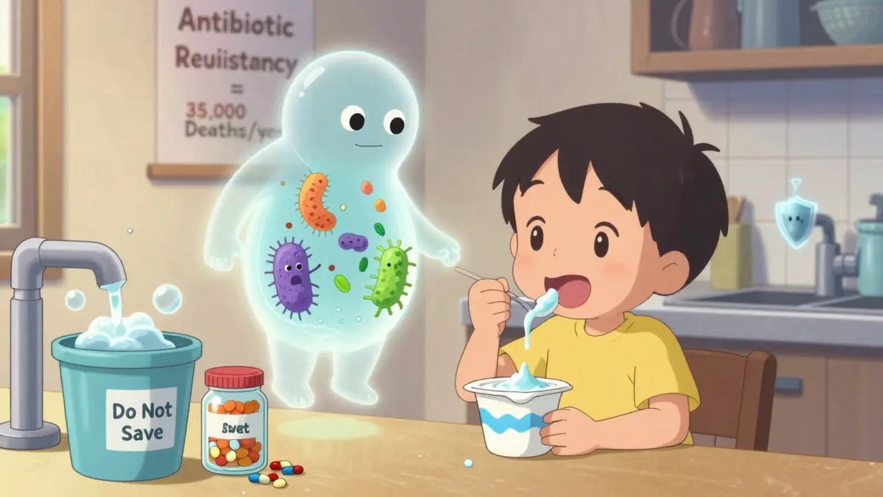 Child eating yogurt with antibiotic, bacteria battle visualization, leftover pills discarded