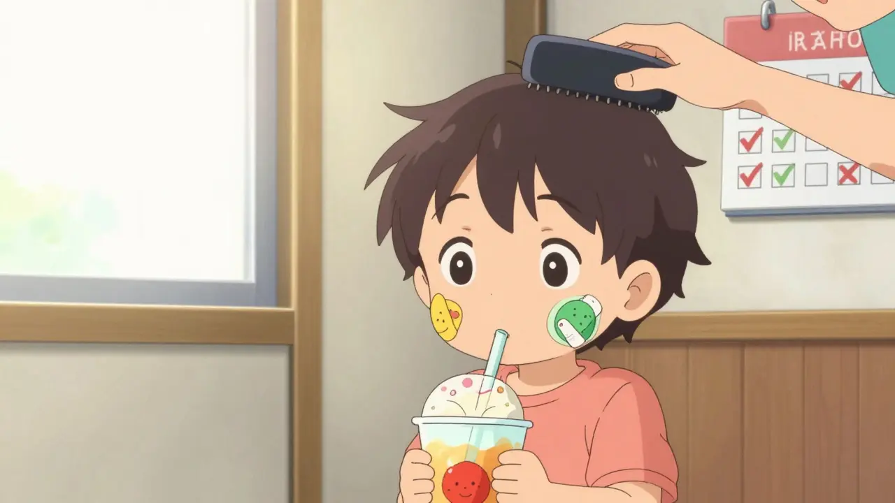 Child smiling after tonsil surgery, drinking a smoothie with colorful bandages on cheeks.