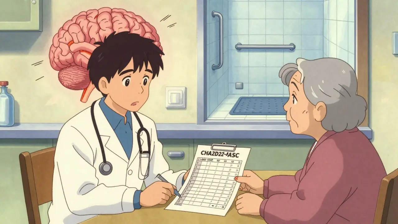 Doctor and senior reviewing medical scores at kitchen table, with visual split of stroke risk and fall prevention.