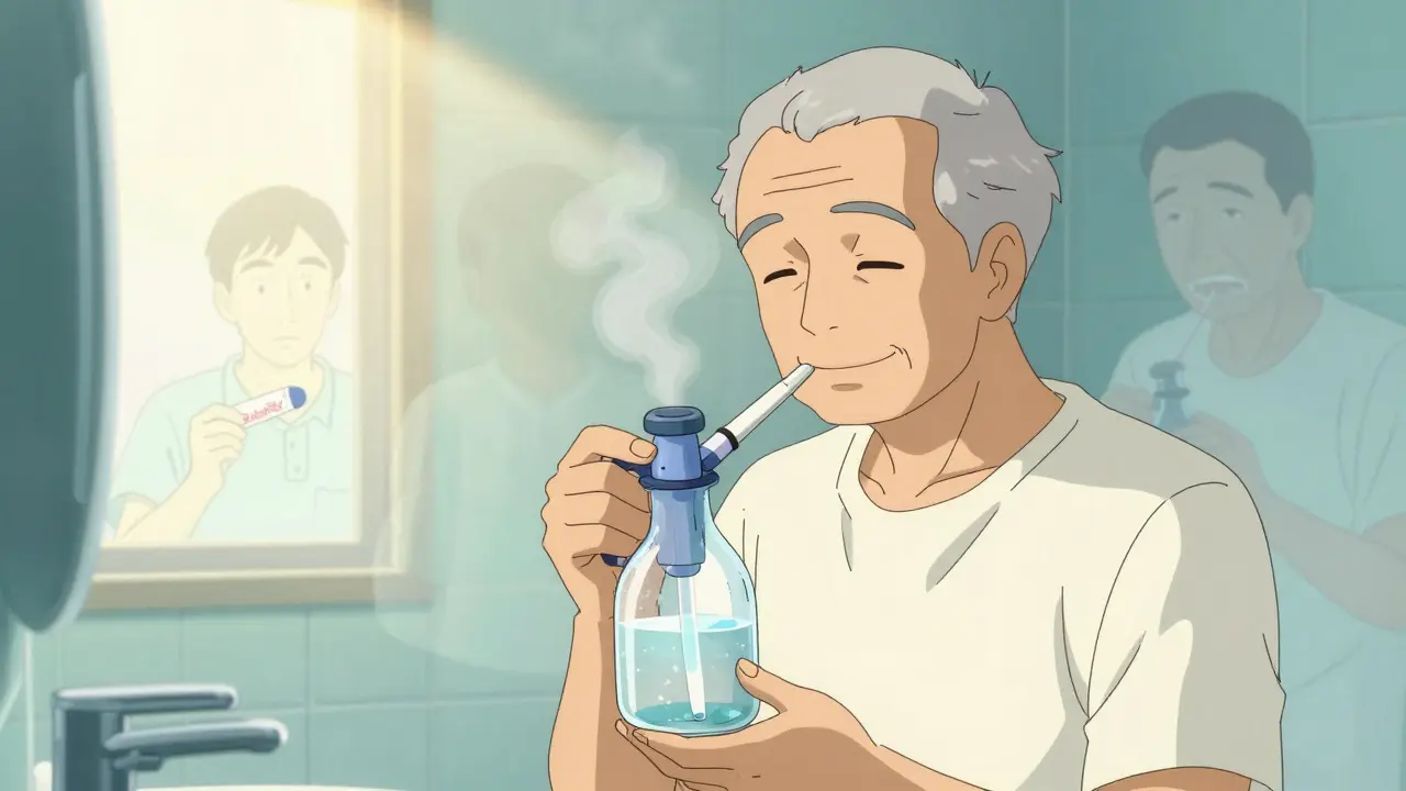 Elderly man using neti pot, ghostly past selves fading away as he finds relief.
