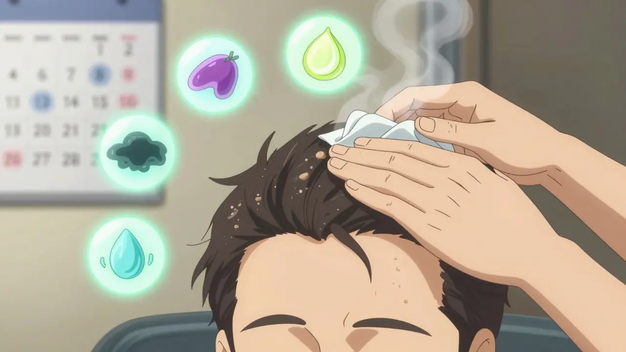 Hand applying medicated shampoo with glowing active ingredients floating nearby.