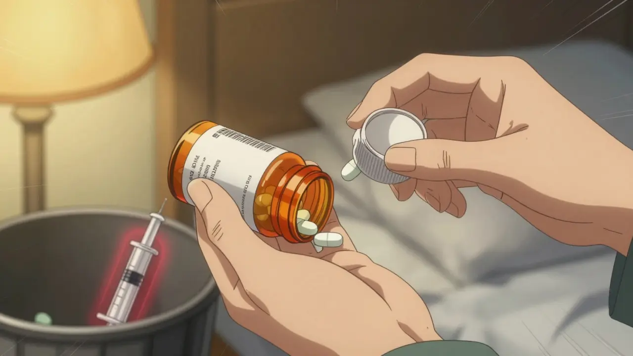 Hand receiving a labeled pill bottle while an unlabeled syringe is discarded, glowing warning aura.