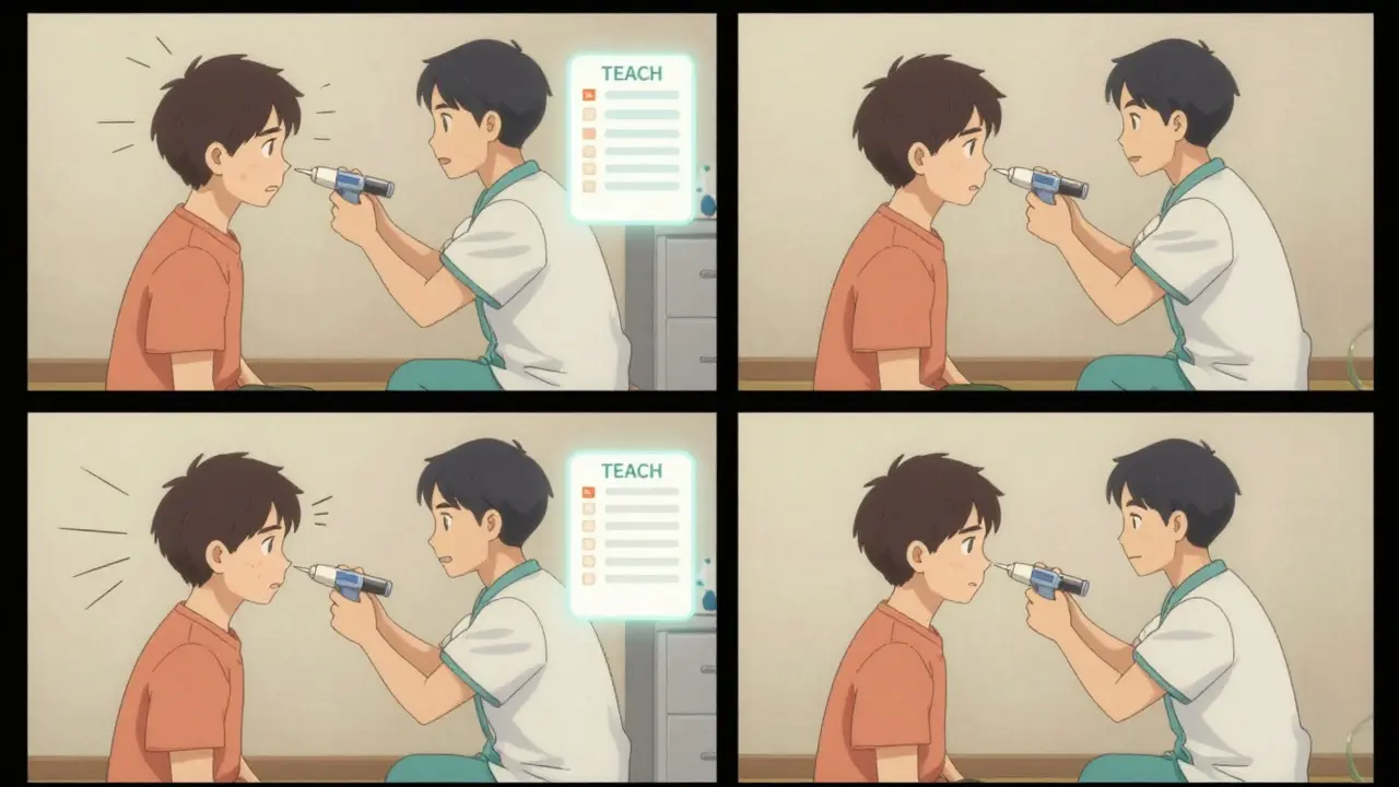 Healthcare provider coaching patient using a trainer device during a step-by-step injection lesson.