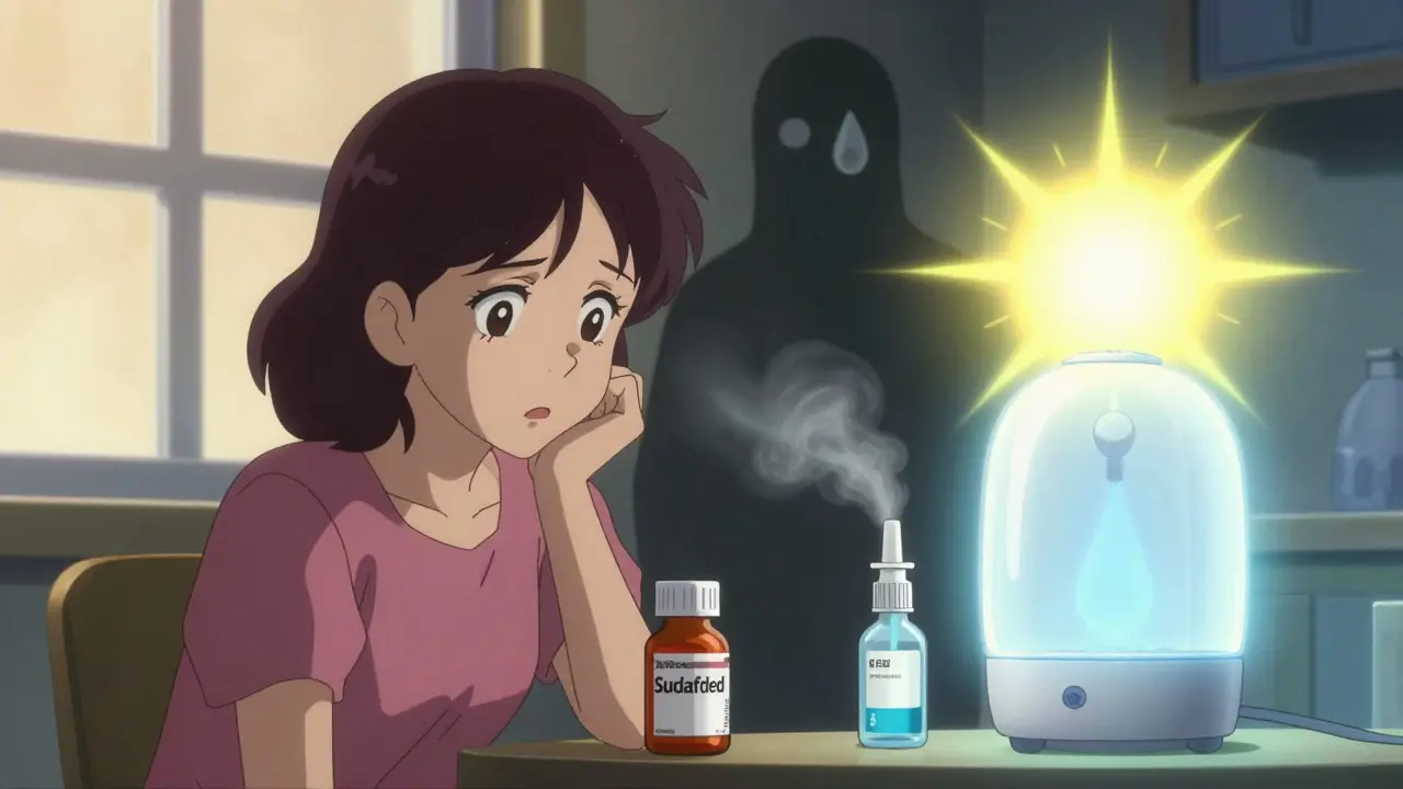 Mother choosing between risky decongestant and safe alternatives.