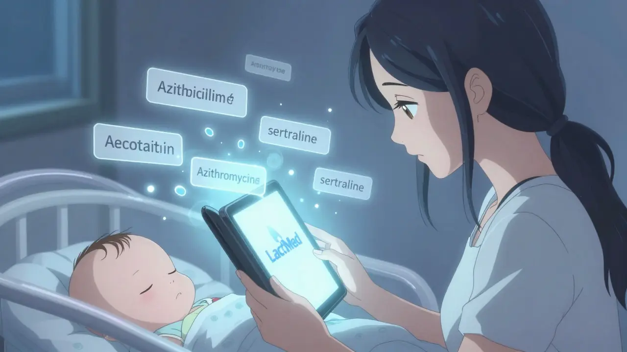 Mother reviewing LactMed on tablet with safe medications glowing around her.