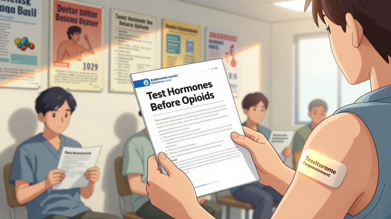 Patient holding hormone screening guideline while testosterone patch glows on arm, doctor’s office behind.