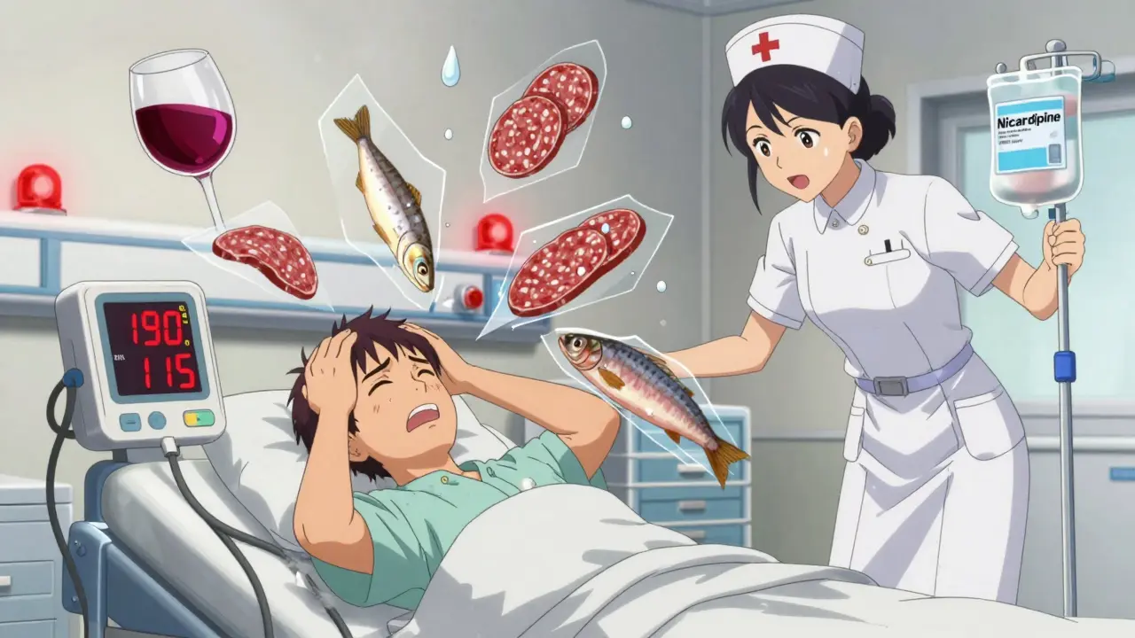 Patient in ER with high blood pressure reading, nurse administering IV, shattered forbidden foods around them.