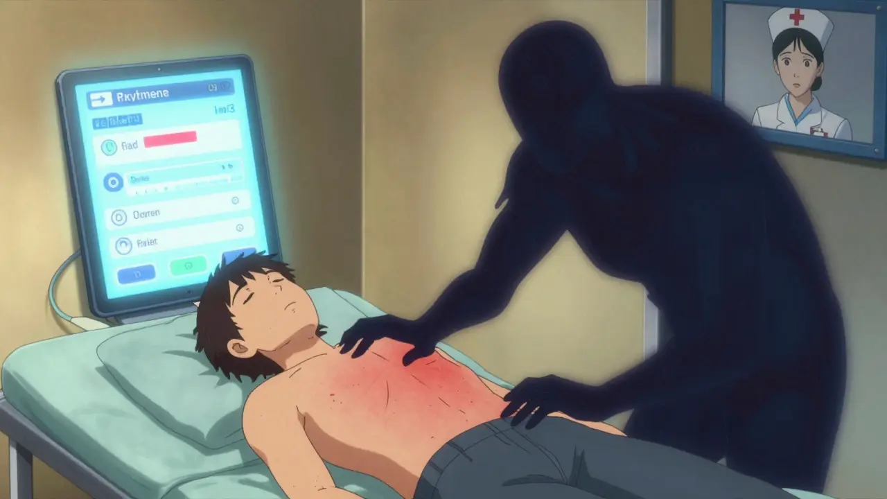 Patient noticing redness from injection, with digital alert and nurse video call for support.