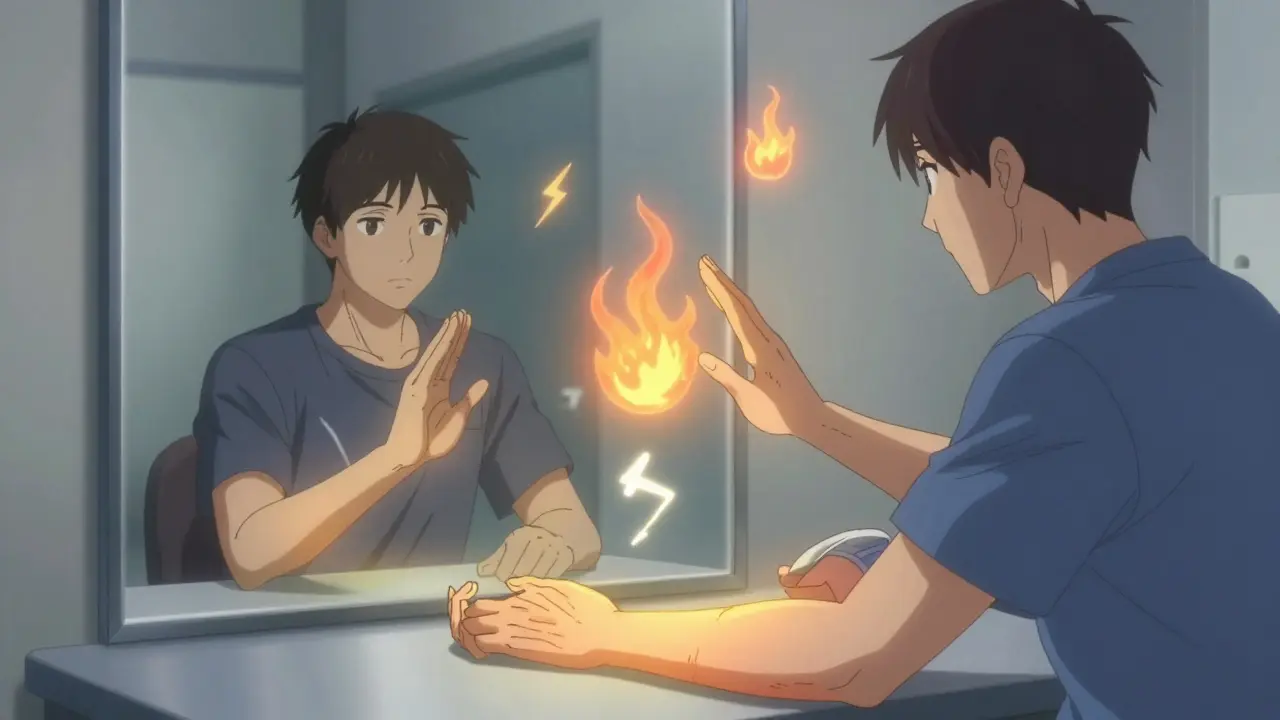 Patient using mirror therapy as a therapist guides movement, with pain symbols fading in reflection.