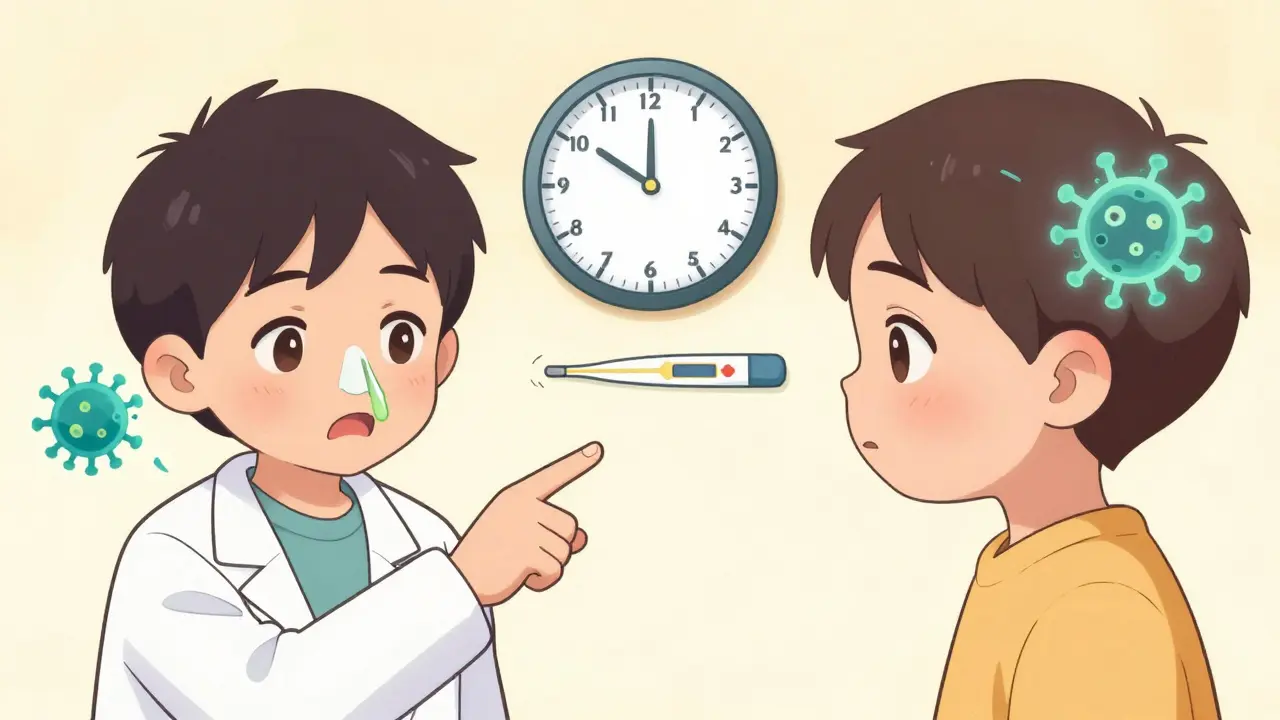Pediatrician showing split-screen of viral vs bacterial illness with watchful waiting clock