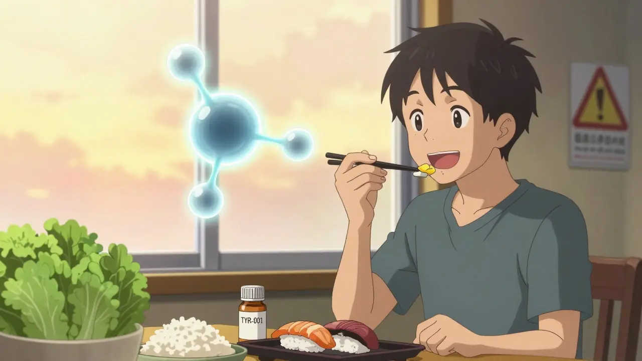 Person eating sushi with TYR-001 pill bottle, enzyme molecule breaking down tyramine, sunrise light in background.