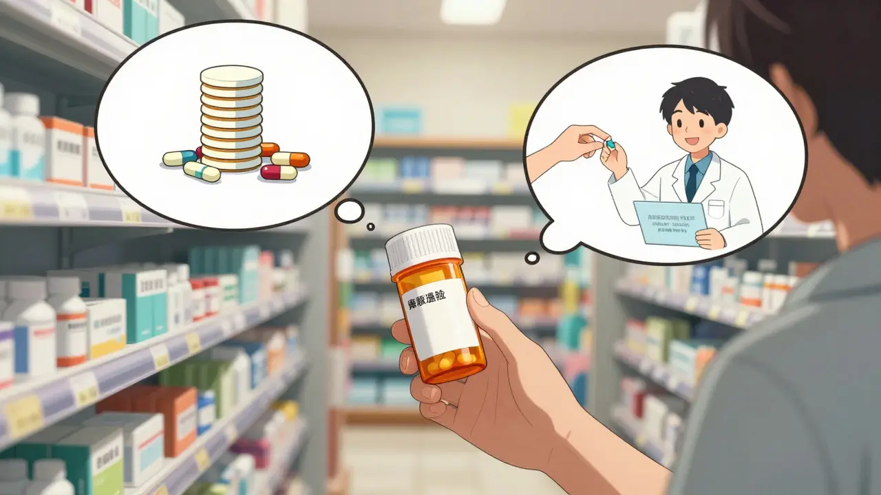 Person in pharmacy with contrasting thoughts of skipping vs. taking medication correctly.