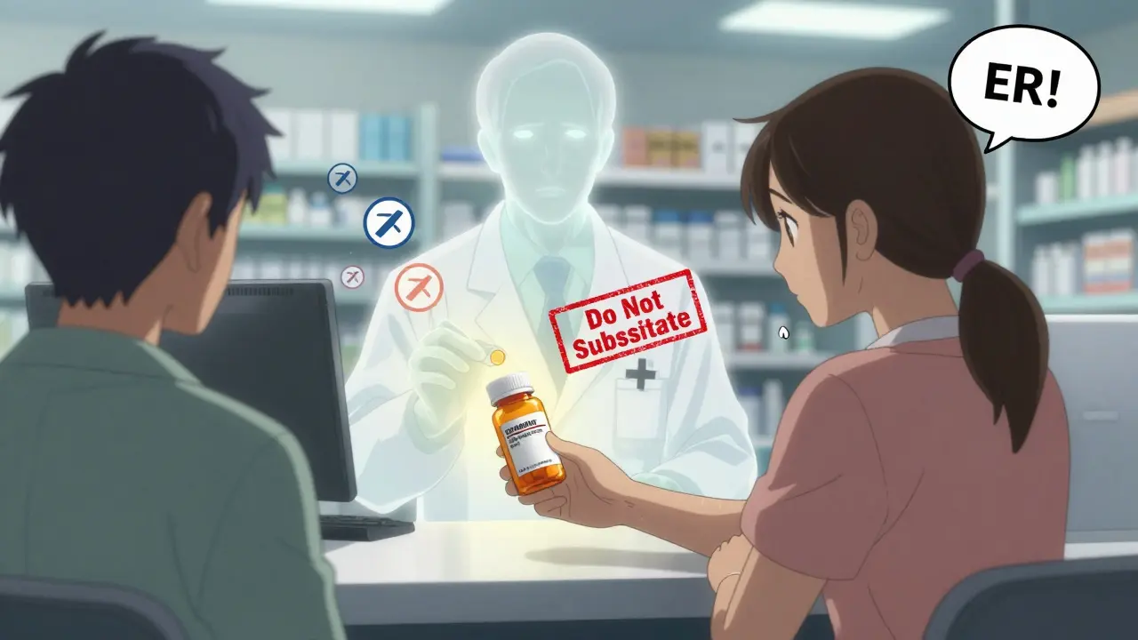 Pharmacist hands generic pill bottle while brand-name version appears as a ghostly overlay.