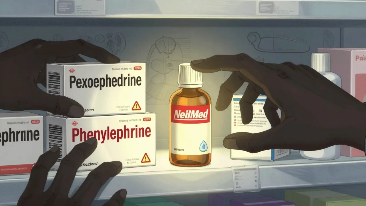 Pharmacy shelf with decongestants in red warning, safe saline rinse glowing in center.