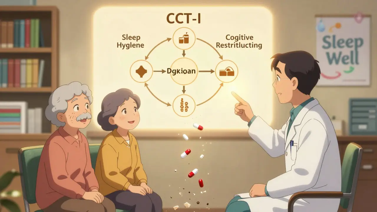 Senior couple with doctor, learning CBT-I as dangerous pills disappear.