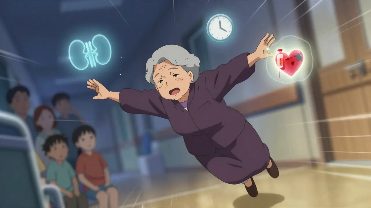 Senior woman mid-fall surrounded by medical icons, with reversal agent vial glowing in her hand.