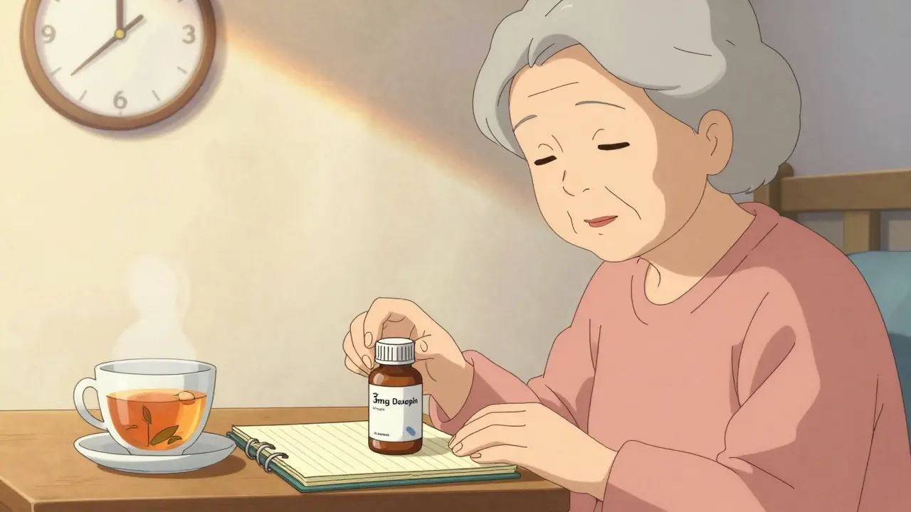 Senior woman placing safe sleep aids on nightstand with morning light.