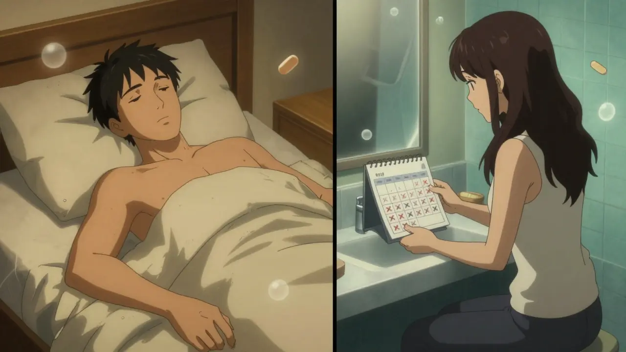 Split scene: man without morning erection and woman with missed periods, opioid pills floating like ghosts.