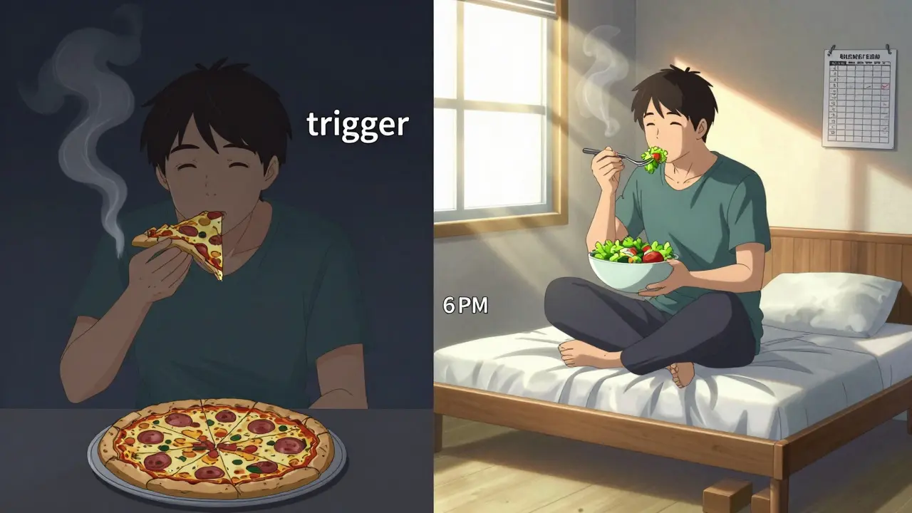 Split scene showing lifestyle change: late-night pizza eating vs. early dinner with elevated bed.