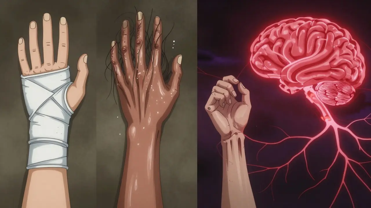Three-panel visual showing CRPS progression from fracture to stiff, altered limb with neural chaos.