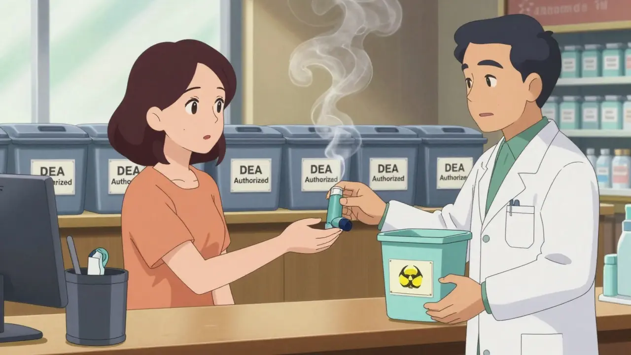 Woman dropping off an inhaler at a pharmacy with a hazardous waste bin.