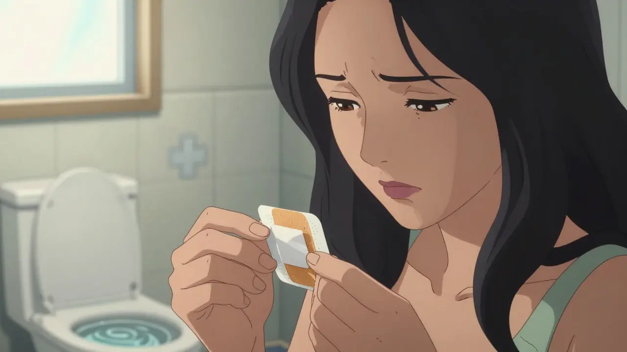 Woman folding a fentanyl patch before flushing it down the toilet.