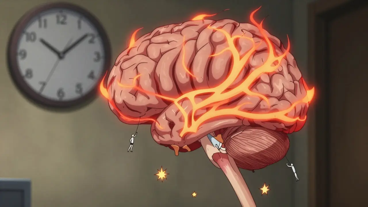 A brain with overactive pain pathways glowing red, surrounded by symbols of stress and muscle tension.