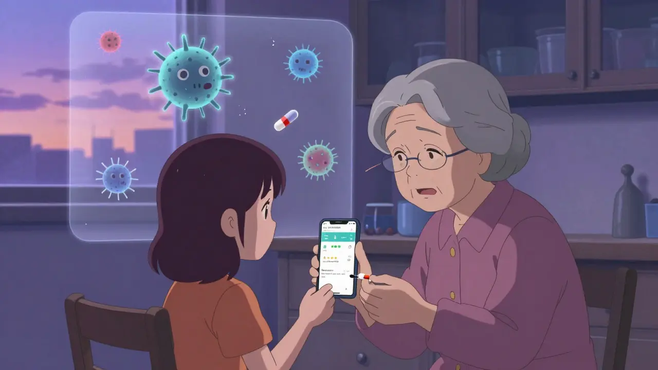 A caregiver helping an elderly person take medication while invisible superbugs float nearby.