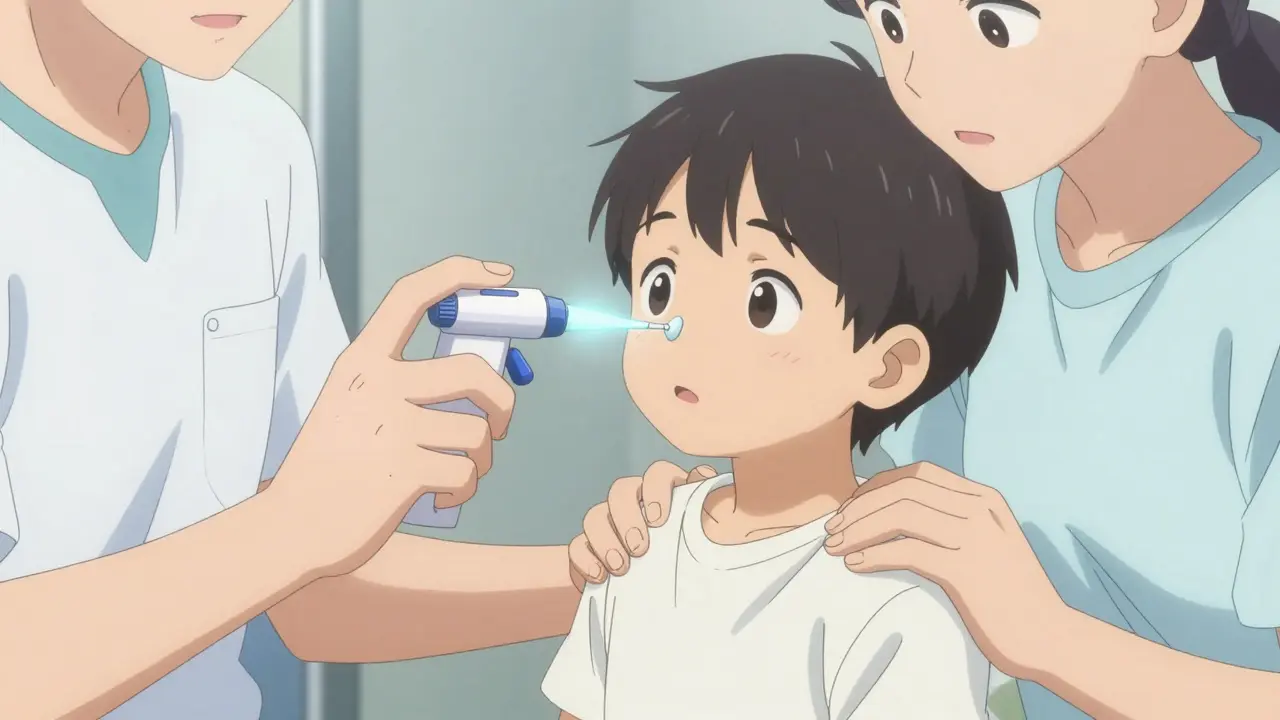 A child receiving intranasal midazolam with a parent holding their hand in comfort.