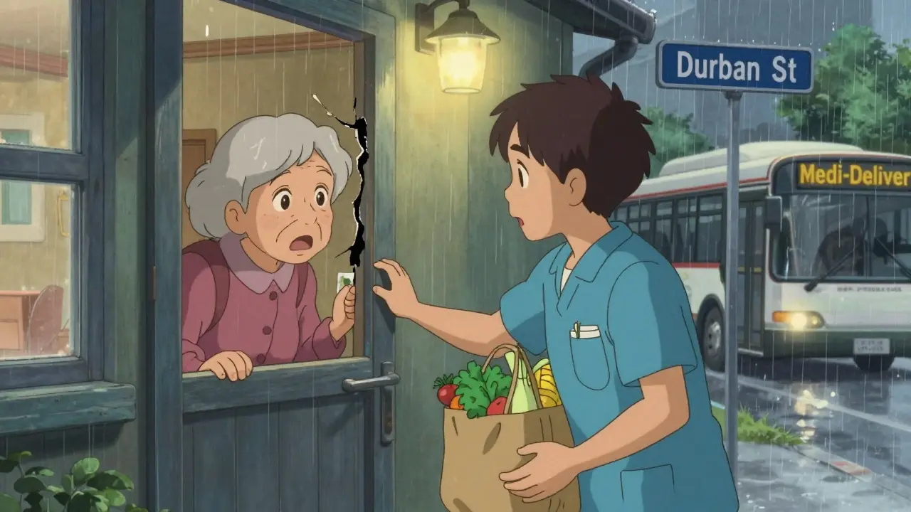 A community worker delivers groceries and medication to an elderly woman at her apartment door.