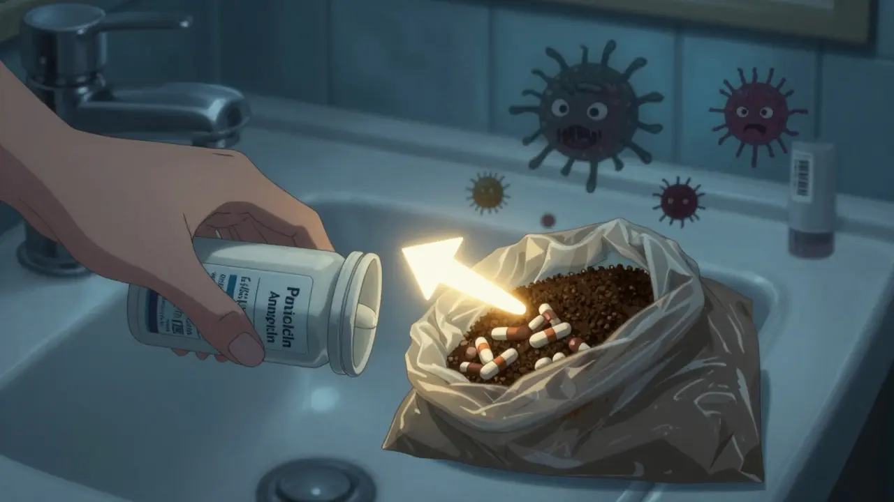 A hand disposing of antibiotics in a sealed bag with coffee grounds instead of flushing them.