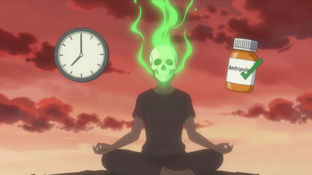 A person meditating with calm energy, surrounded by symbols of sleep consistency, screen breaks, and preventive medication.