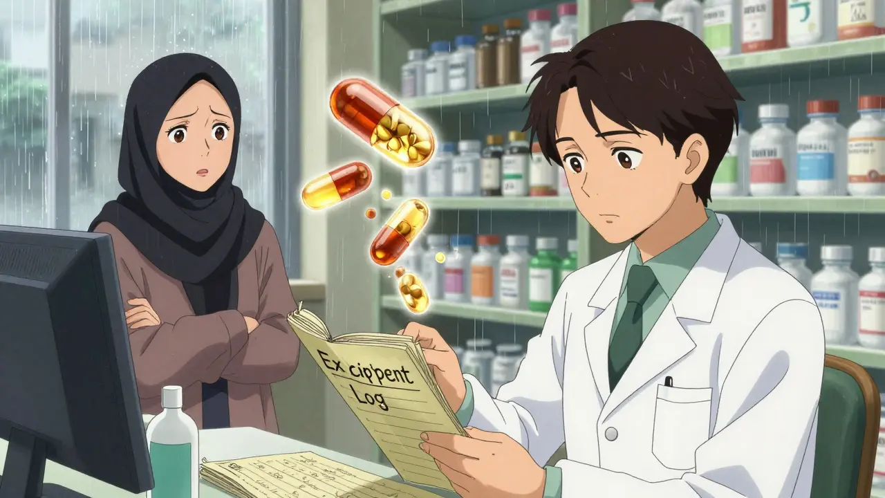 A pharmacist consults a hand-written excipient log as gelatin capsules transform into plant-based alternatives.