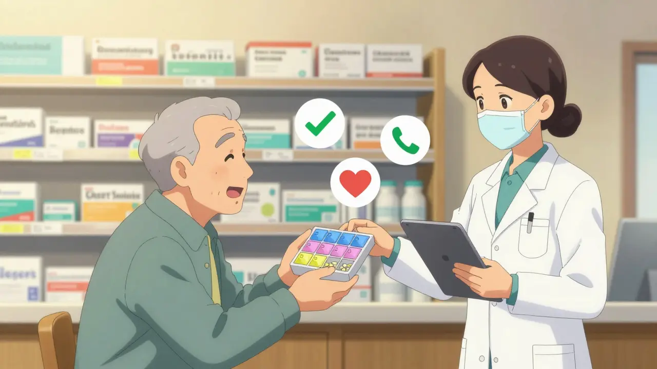A pharmacist hands a color-coded pill organizer to an older man with a nurse nearby, showing care and support.