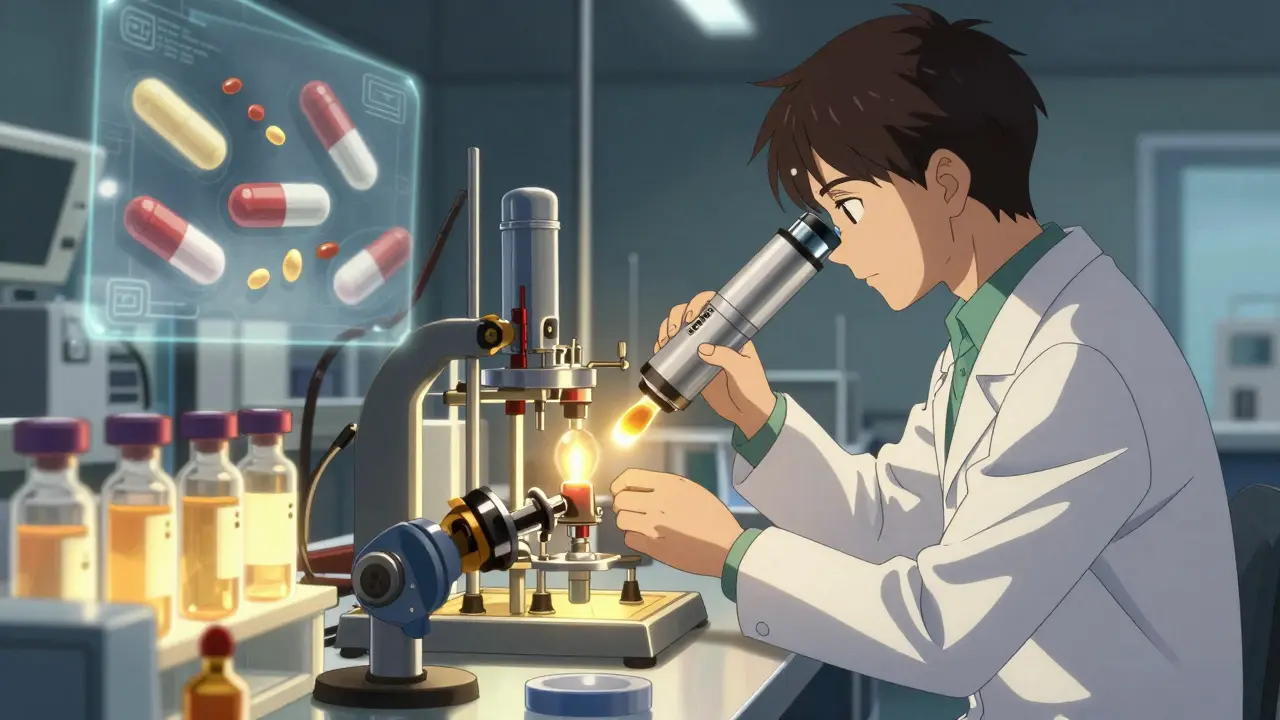 A scientist in a lab works with complex inhaler devices, golden light highlighting advanced formulation technology.