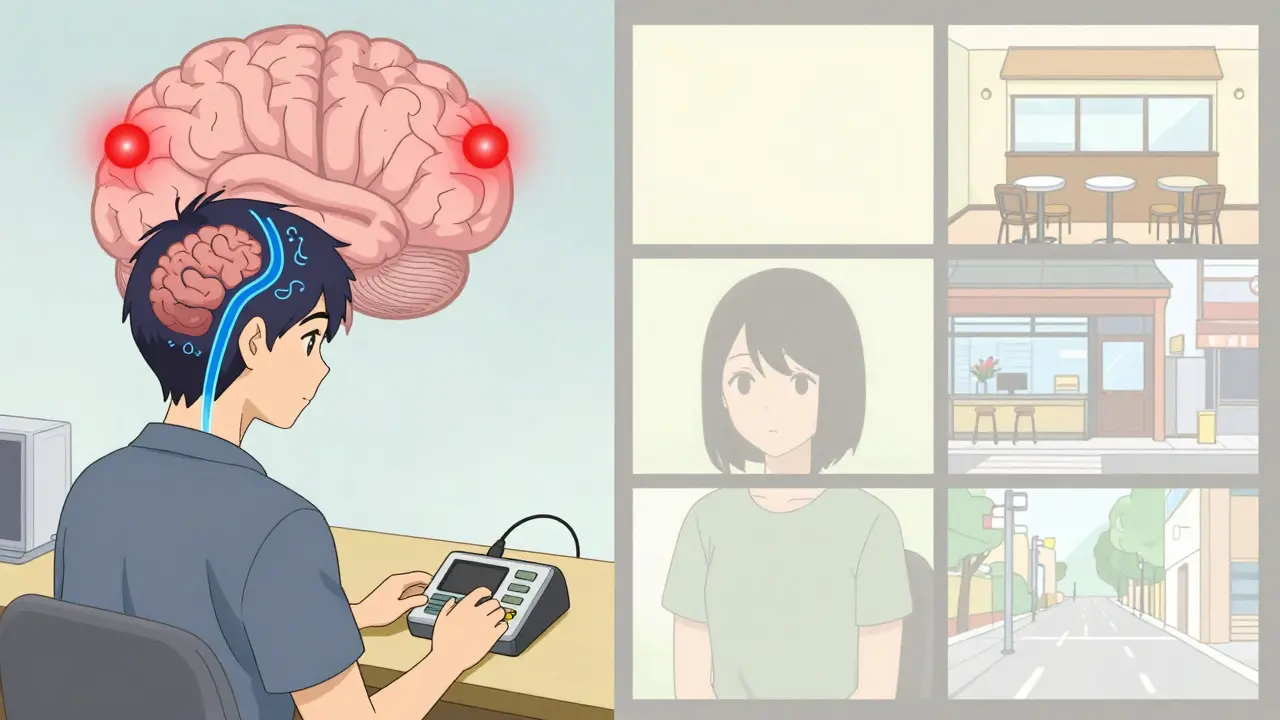 Audiologist adjusting a sound device while brain waves shift from alarm to calm.