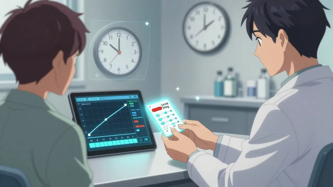 Doctor handing a glowing emergency card to a patient while a digital screen shows cortisol levels improving.