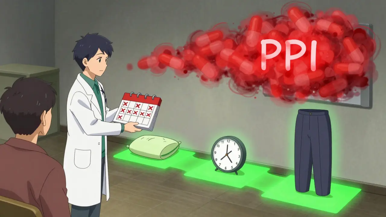 Doctor handing patient a calendar as lifestyle changes replace PPI pill cloud, showing safe tapering path.