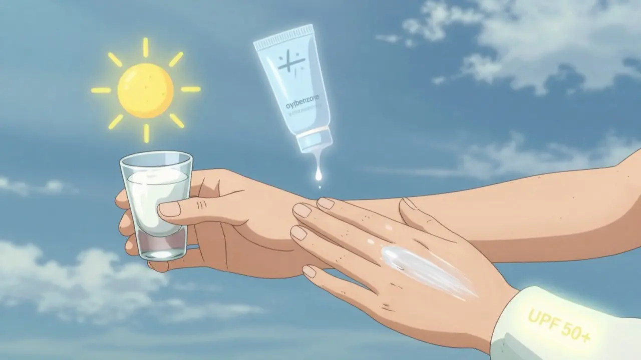 Hands applying thick zinc oxide sunscreen, with UVA rays being blocked by mineral particles.