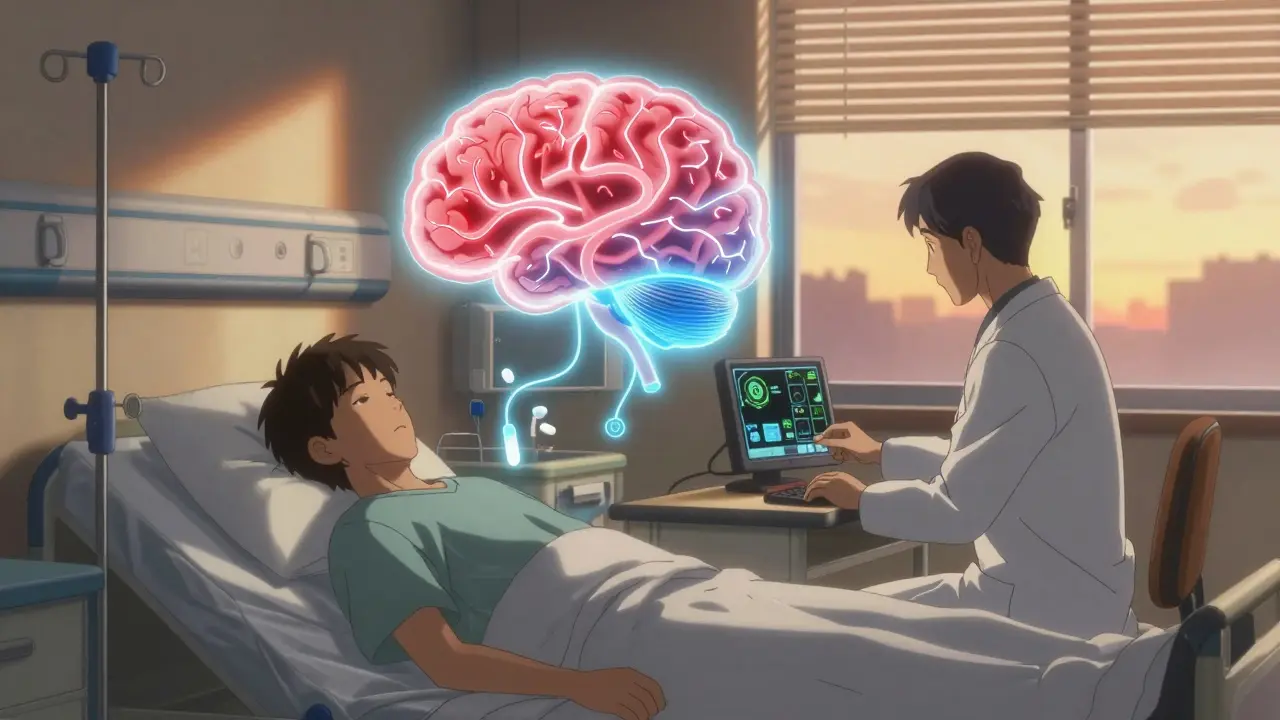 Patient in hospital with IV, glowing brain pathways stabilizing as medical symbols float nearby.