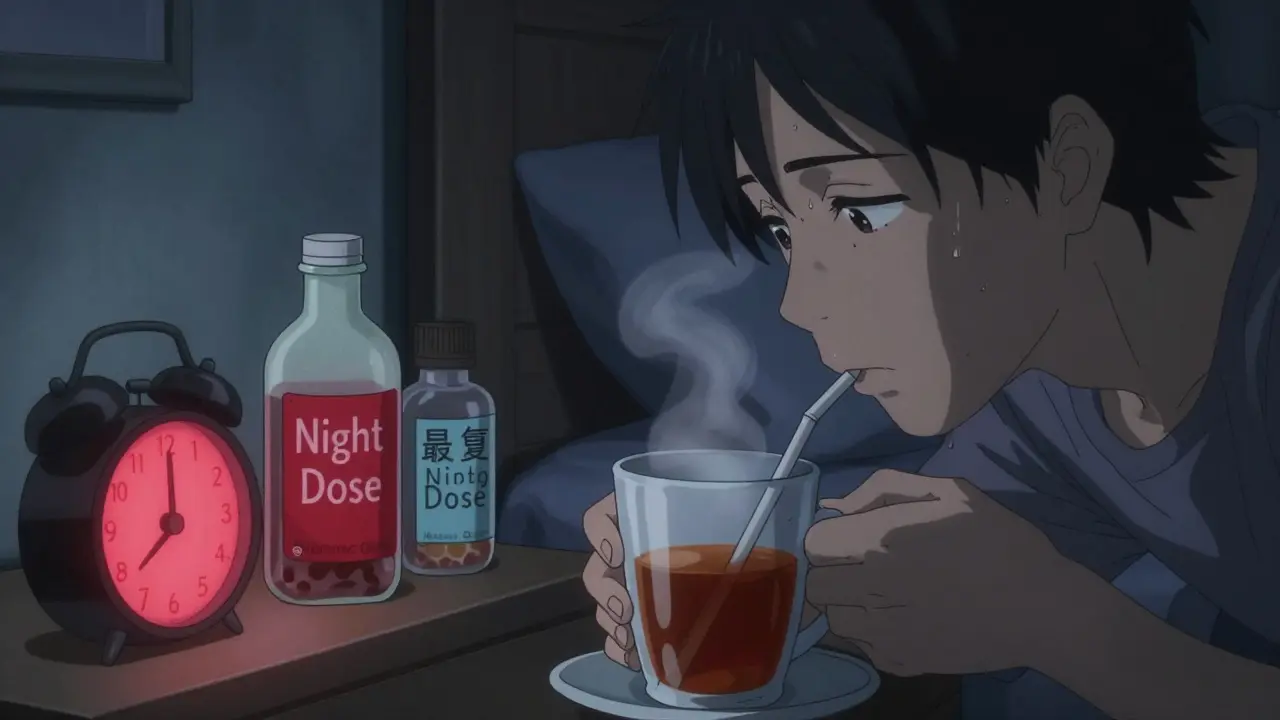 Person drinking laxative solution at dawn with alarm clocks visible