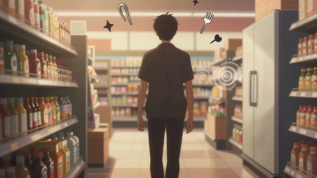 Person walking calmly through a grocery store, sounds depicted as gentle symbols.