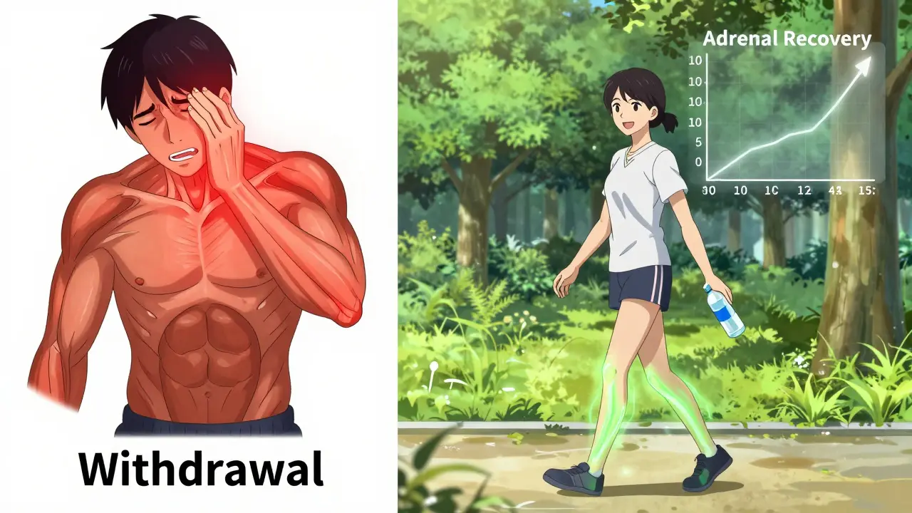 Split image showing steroid withdrawal symptoms on one side and recovery through walking on the other.