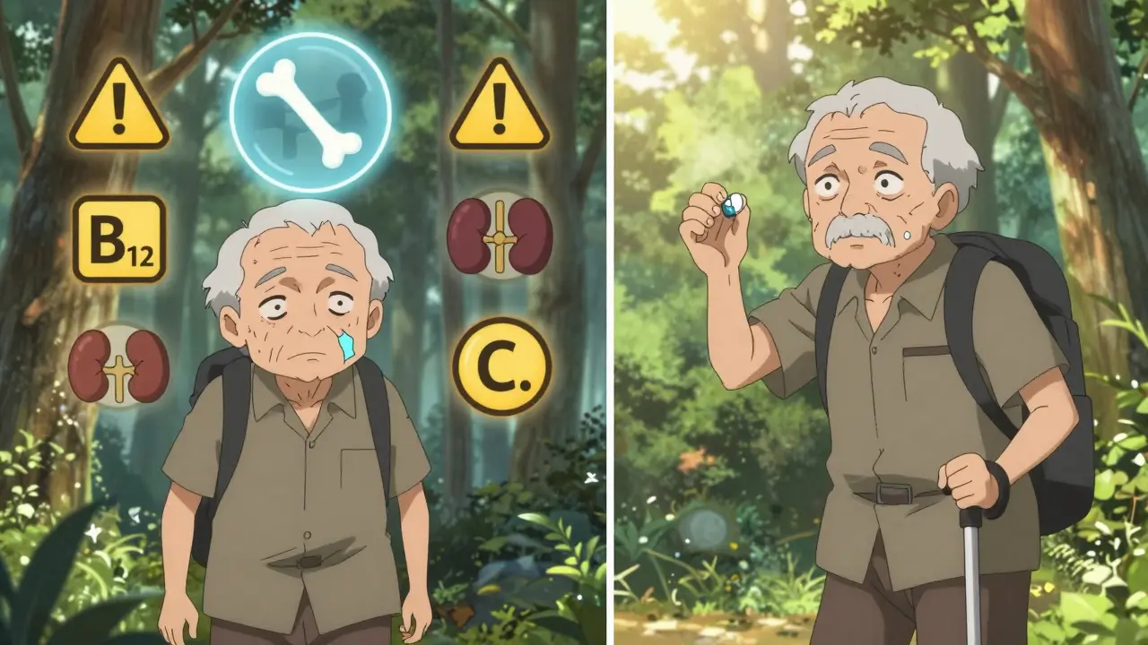 Split scene: frail person with health warnings vs. same person hiking happily with antacid, showing recovery after stopping PPIs.