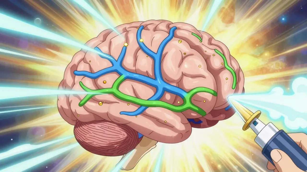 Stylized brain with glowing neural pathways and nasal spray activating them