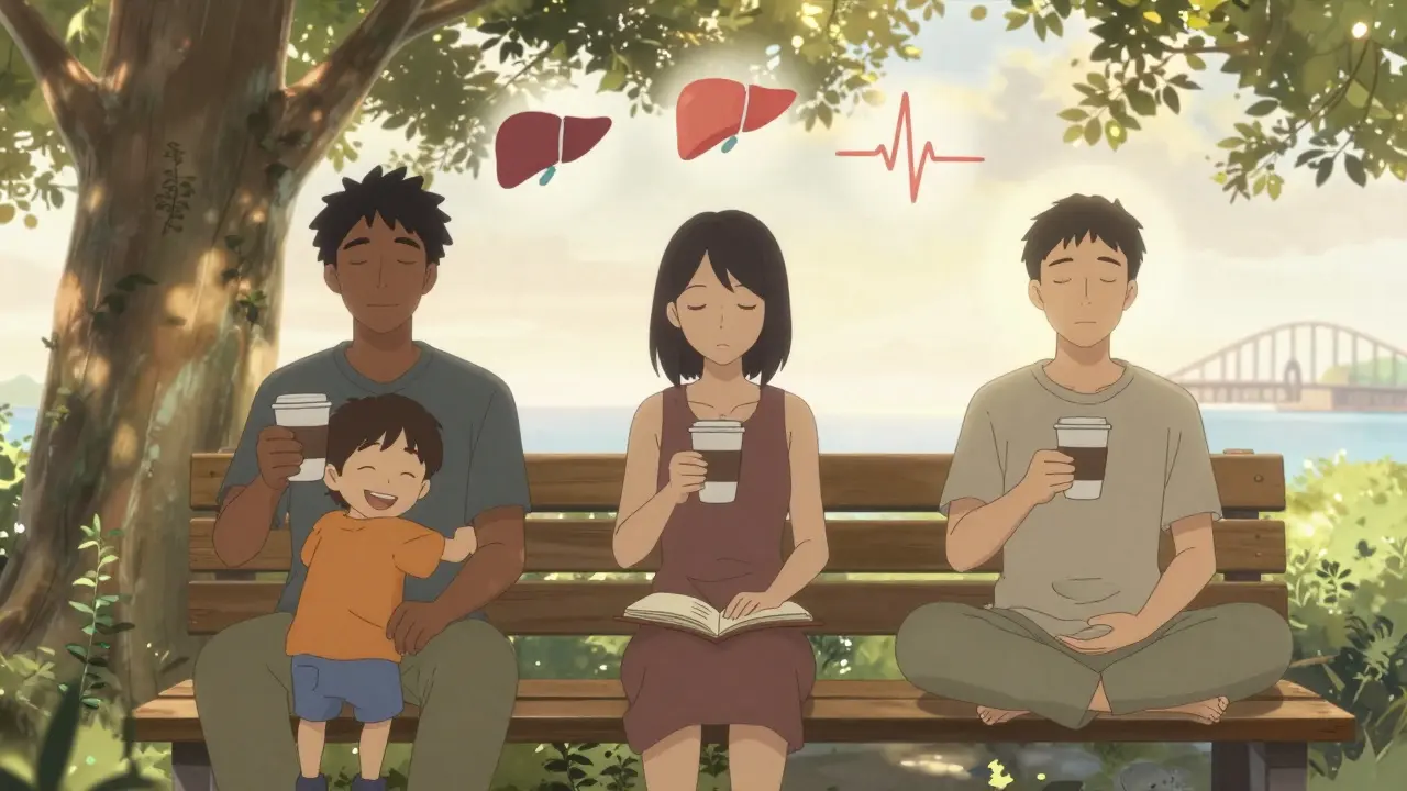 Three people in a group under a tree, drinking coffee, smiling as symbols of healing glow above them.