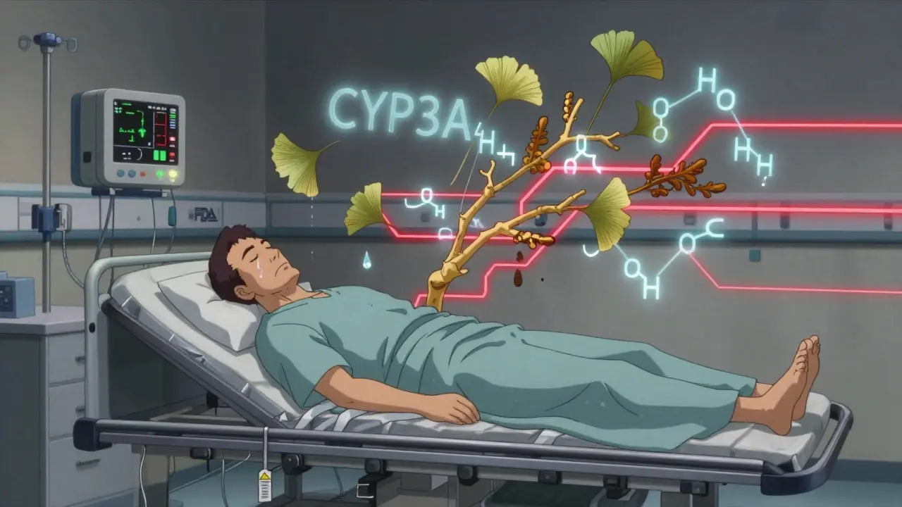 A man unconscious in a hospital bed with swirling enzyme symbols disrupted by herbal roots and leaking drug pathways.