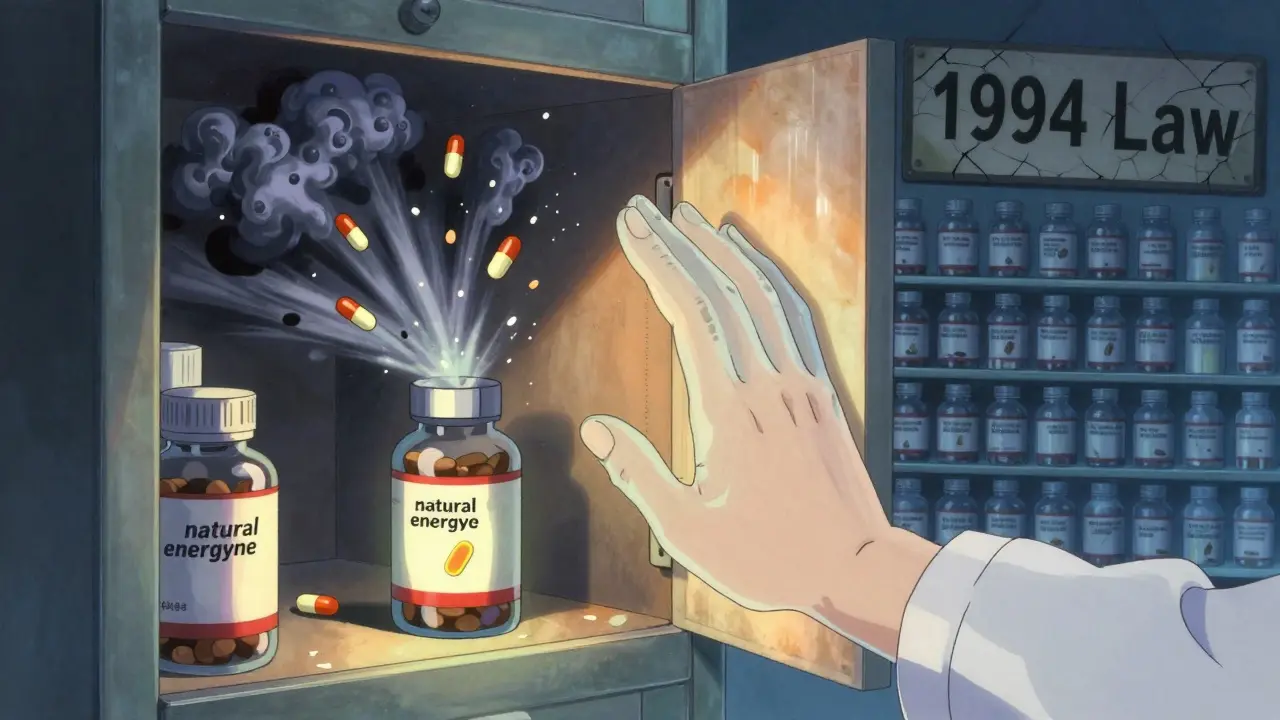 A medicine cabinet opening to reveal chaotic supplement dangers, stopped by a doctor's hand, with endless bottles in the background.