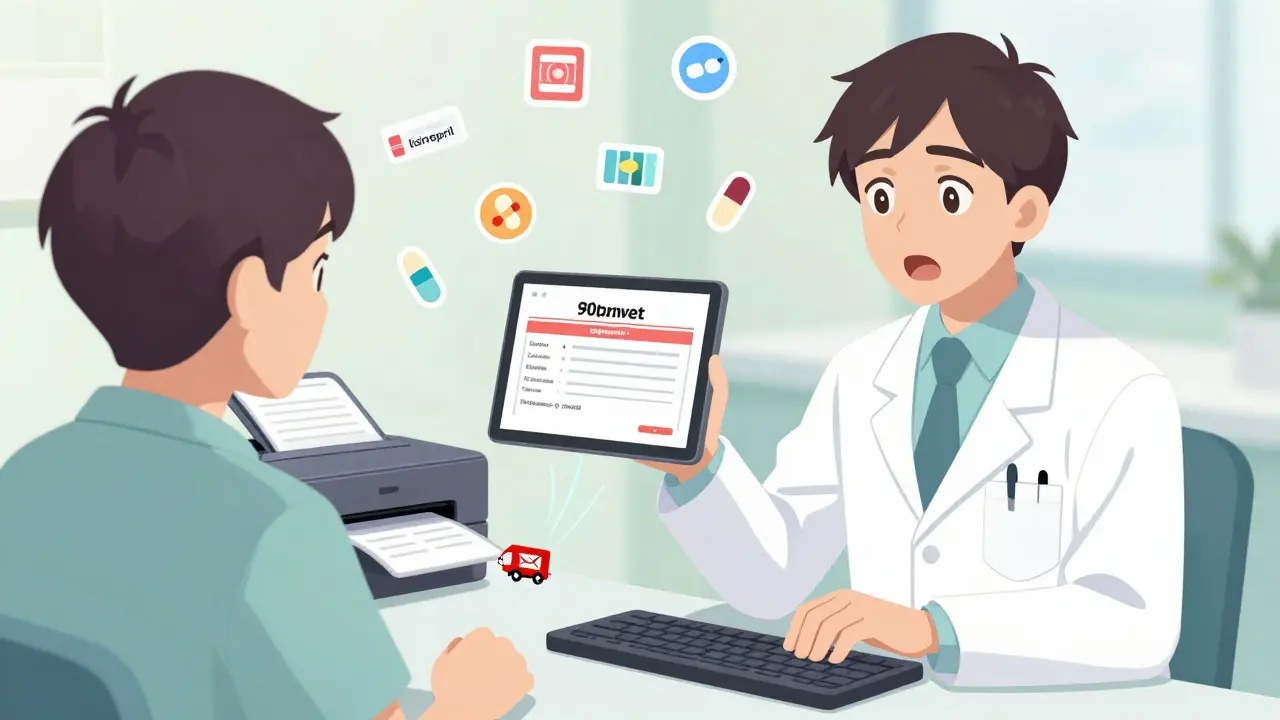 A patient and doctor in an office, with a 90-day prescription screen and medication icons floating nearby.
