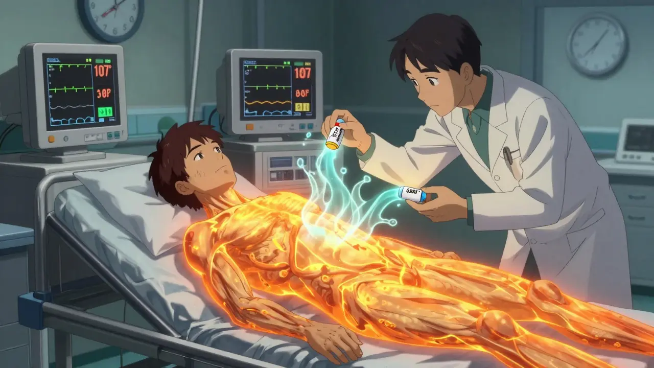 A patient in an ER with high fever and muscle rigidity, surrounded by flashing monitors as serotonin waves surge from two pills.